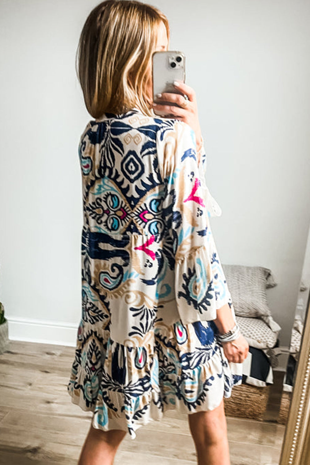 Sky Blue Tribal Bracelet Sleeve Buttoned Mini Dress