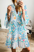 Sky Blue Tribal Bracelet Sleeve Buttoned Mini Dress