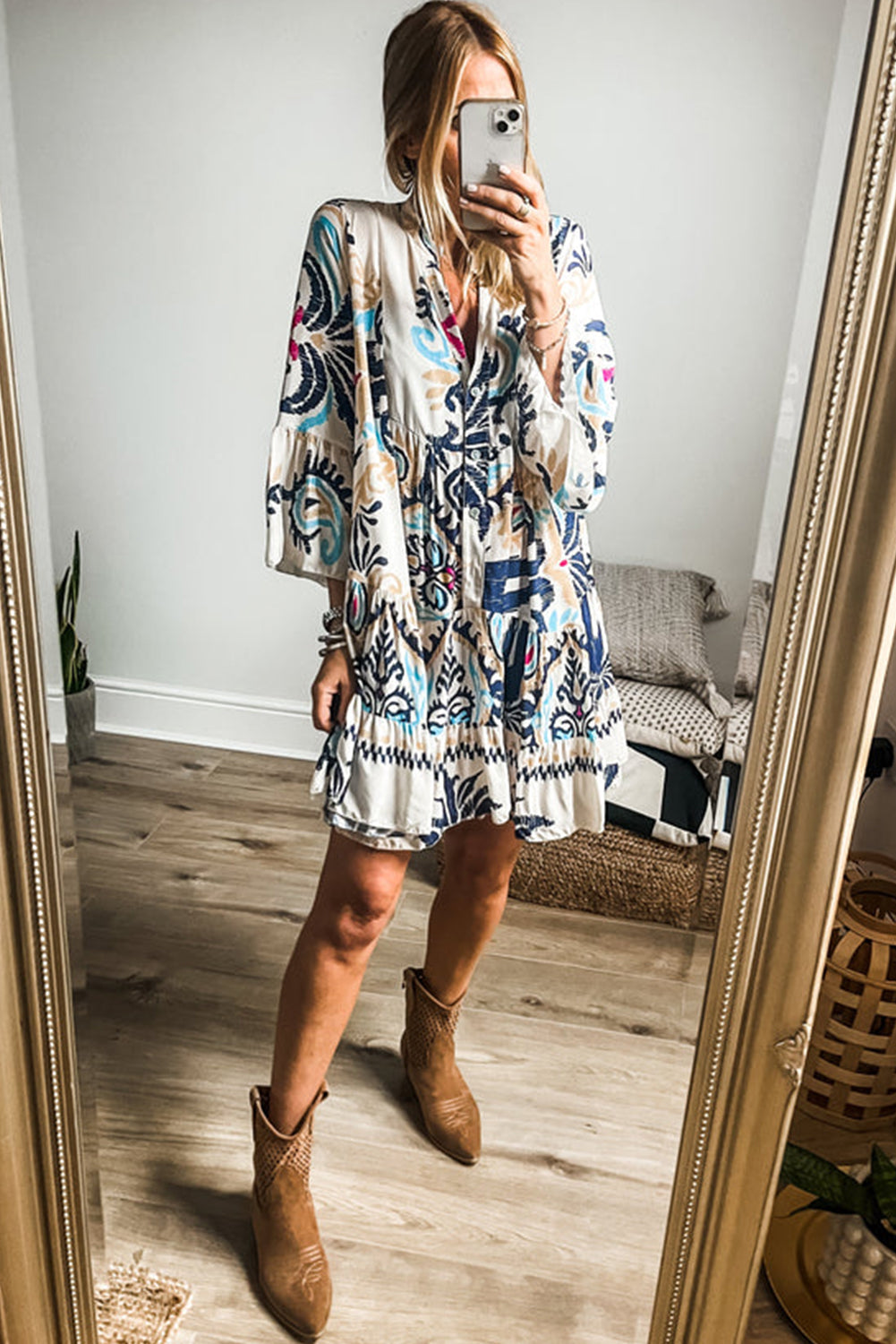 Sky Blue Tribal Bracelet Sleeve Buttoned Mini Dress
